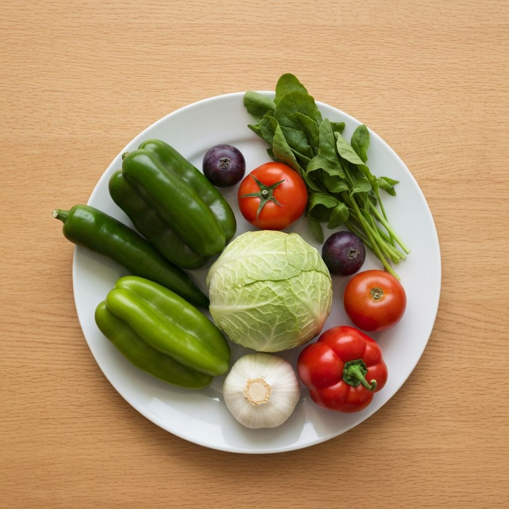 Balanced arrangement of fresh vegetables and fruits